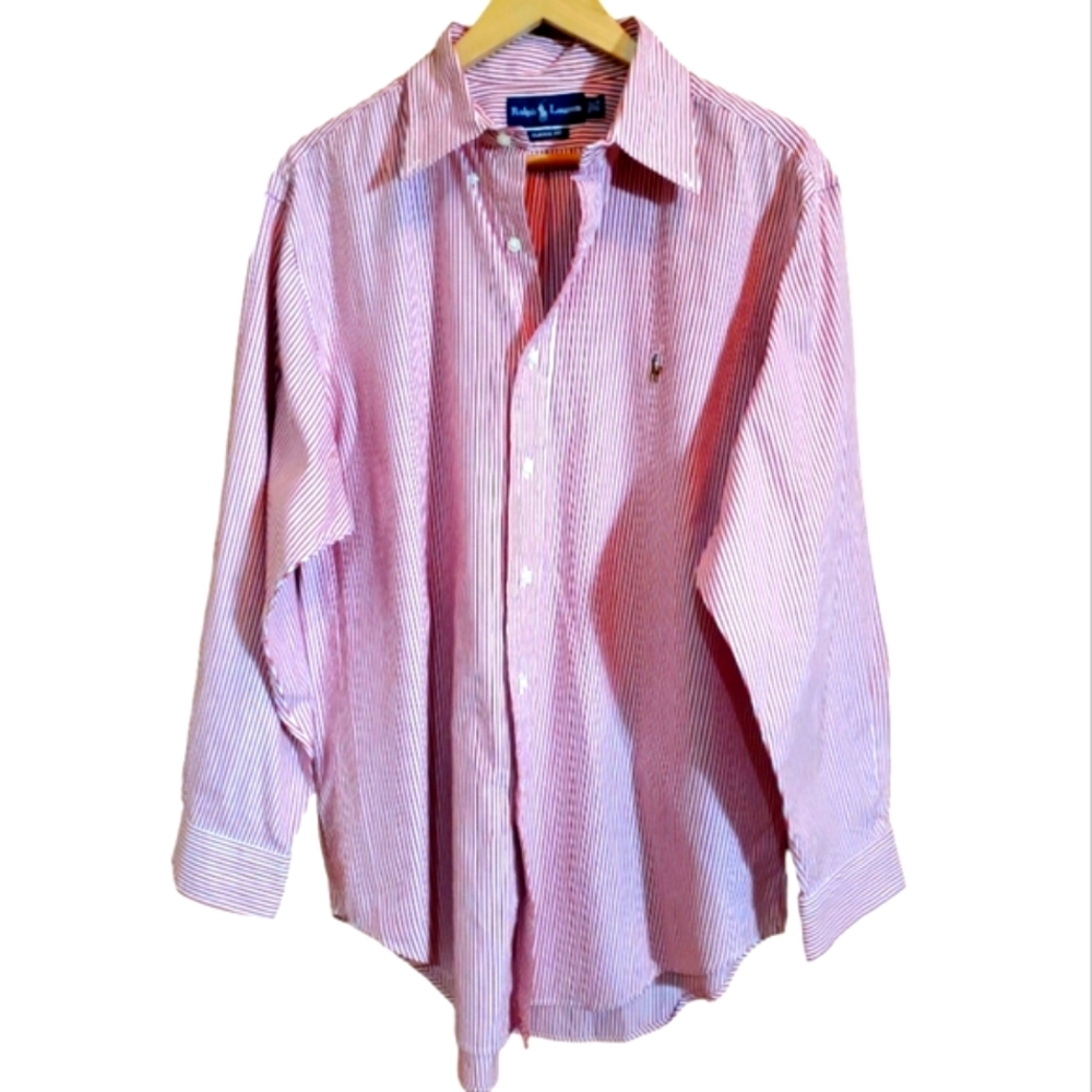 RALPH LAUREN 16.5" CLASSIC FIT RED STRIPPED LONGSLEEVE BUTTON DOWN SHIRT